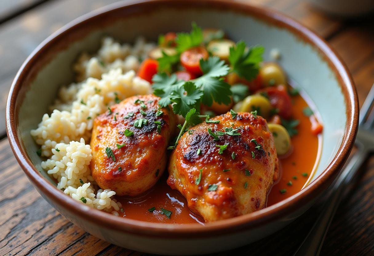Bols de Poulet au Miel et Harissa finis, servis avec du riz et des légumes, parfaits pour un repas savoureux.