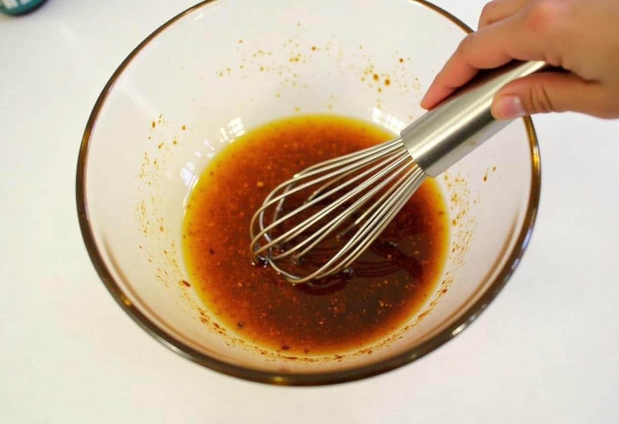 Préparation de la marinade au miel et harissa pour des bols de poulet.