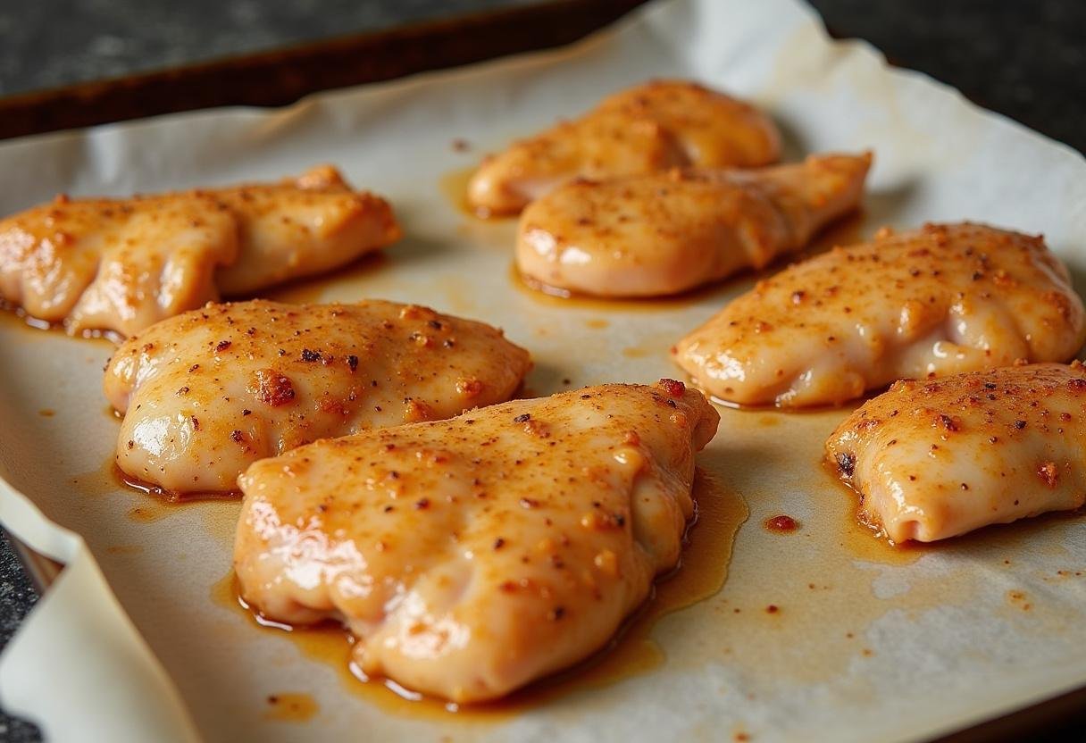 Cuisses de poulet marinées disposées sur une plaque de cuisson pour les Bols de Poulet au Miel et Harissa.