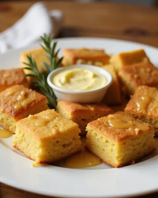 Bouchées de pain de maïs au beurre de miel dorées prêtes à servir.