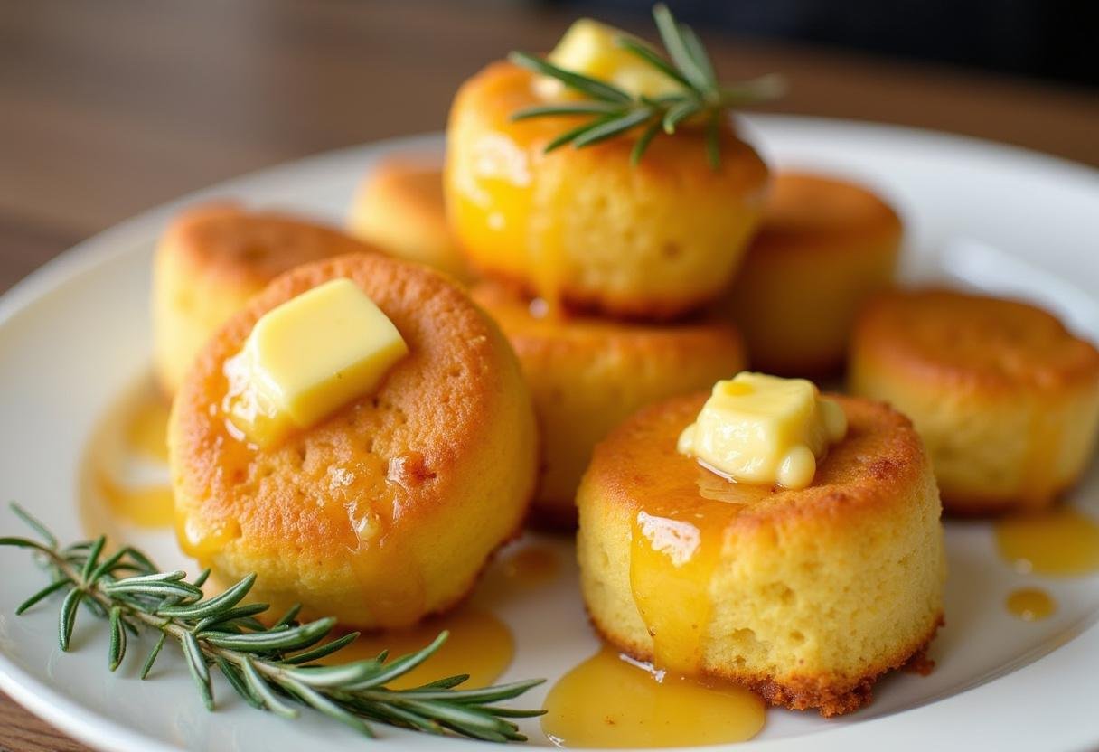 Bouchées de pain de maïs au beurre de miel dorées prêtes à servir.