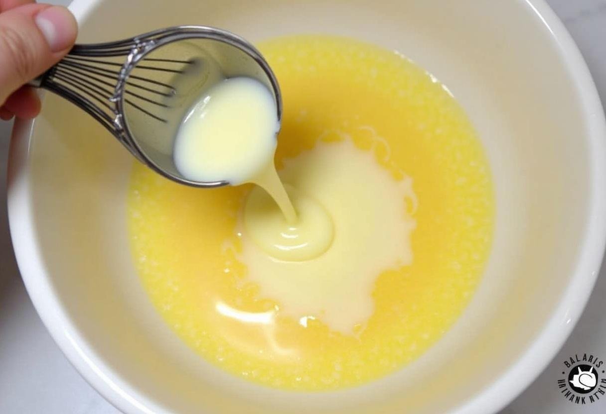 Préparation des ingrédients liquides pour les bouchées de pain de maïs au beurre de miel.