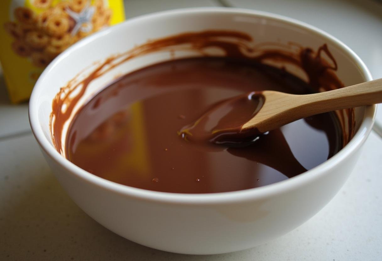 Chocolat fondu dans un bol pour la préparation des brownies aux cornflakes.