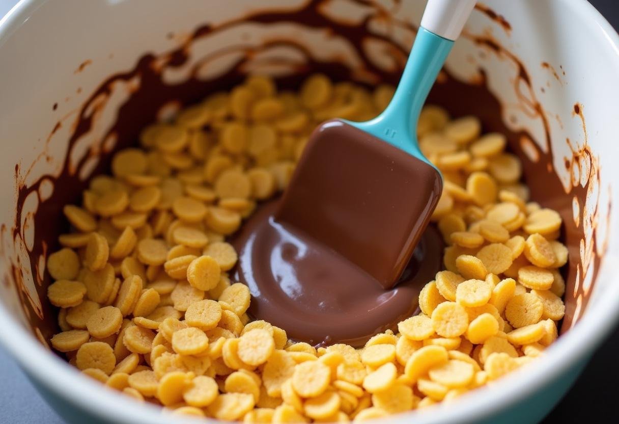 Mélange de chocolat fondu et de cornflakes pour les brownies aux cornflakes.