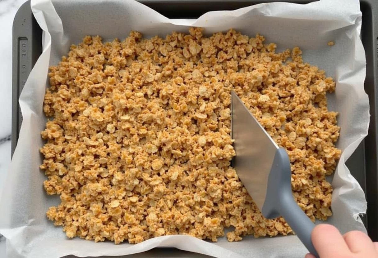 Mélange chocolat et cornflakes étalé sur une plaque de cuisson pour les brownies.