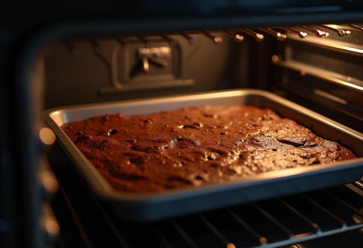 Plaque de cuisson avec les brownies aux cornflakes prête à enfourner.