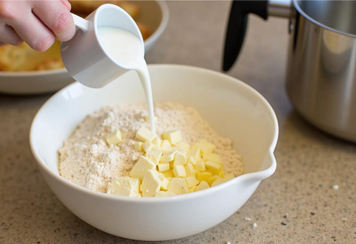 Lait et beurre fondu versés dans les ingrédients secs pour la préparation des bugnes au air fryer.