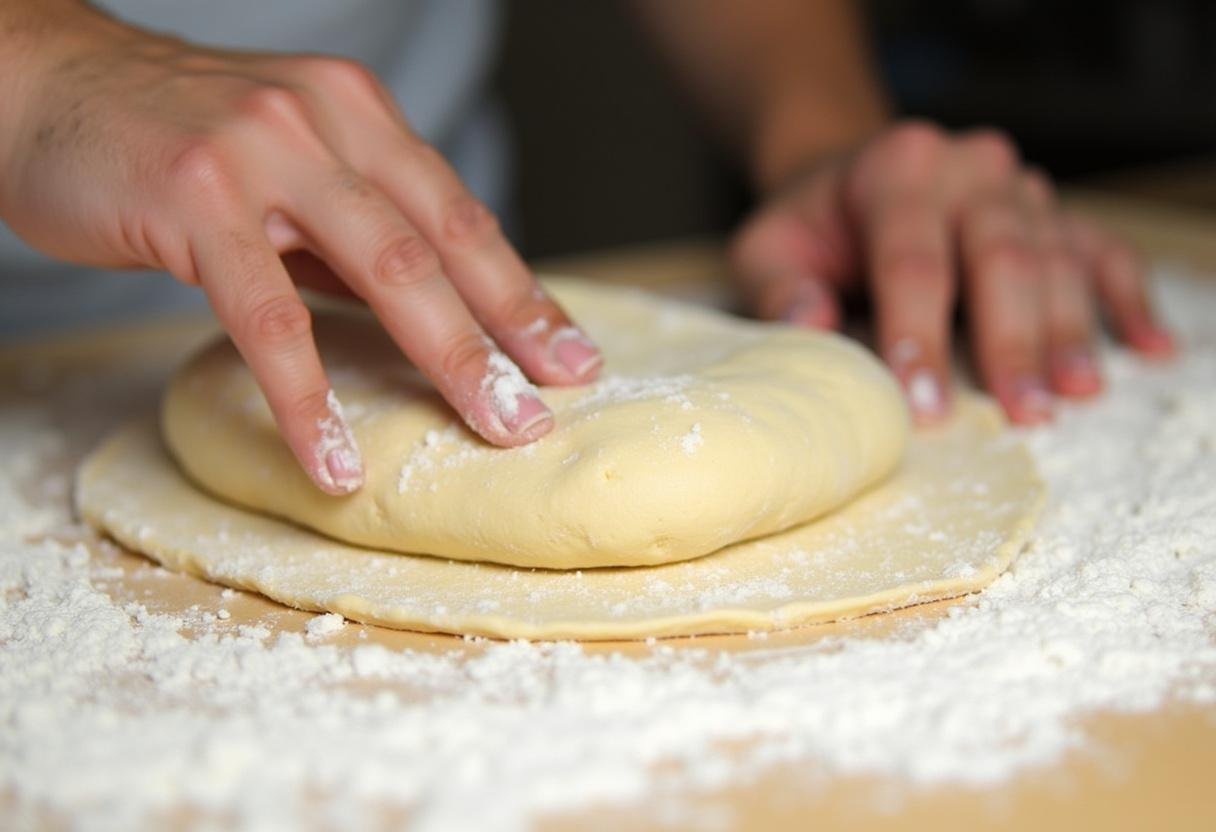 Pâte à bugnes en cours de pétrissage sur une surface farinée pour une recette facile au air fryer.