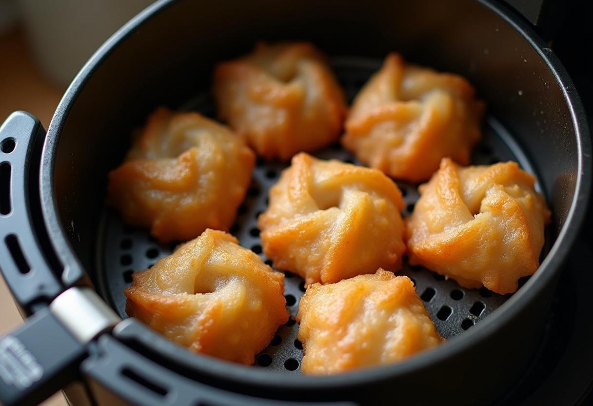 Bugnes coupées en forme de losange, placées dans le panier d'une friteuse à air pour une cuisson parfaite.