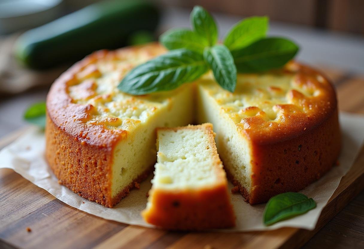 Cake Courgette Chèvre Menthe ou Basilic fraîchement cuit, prêt à être dégusté.