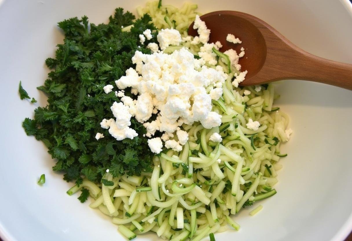 Ingrédients pour le Cake Courgette Chèvre Menthe ou Basilic, incluant de la courgette râpée et du fromage de chèvre.
