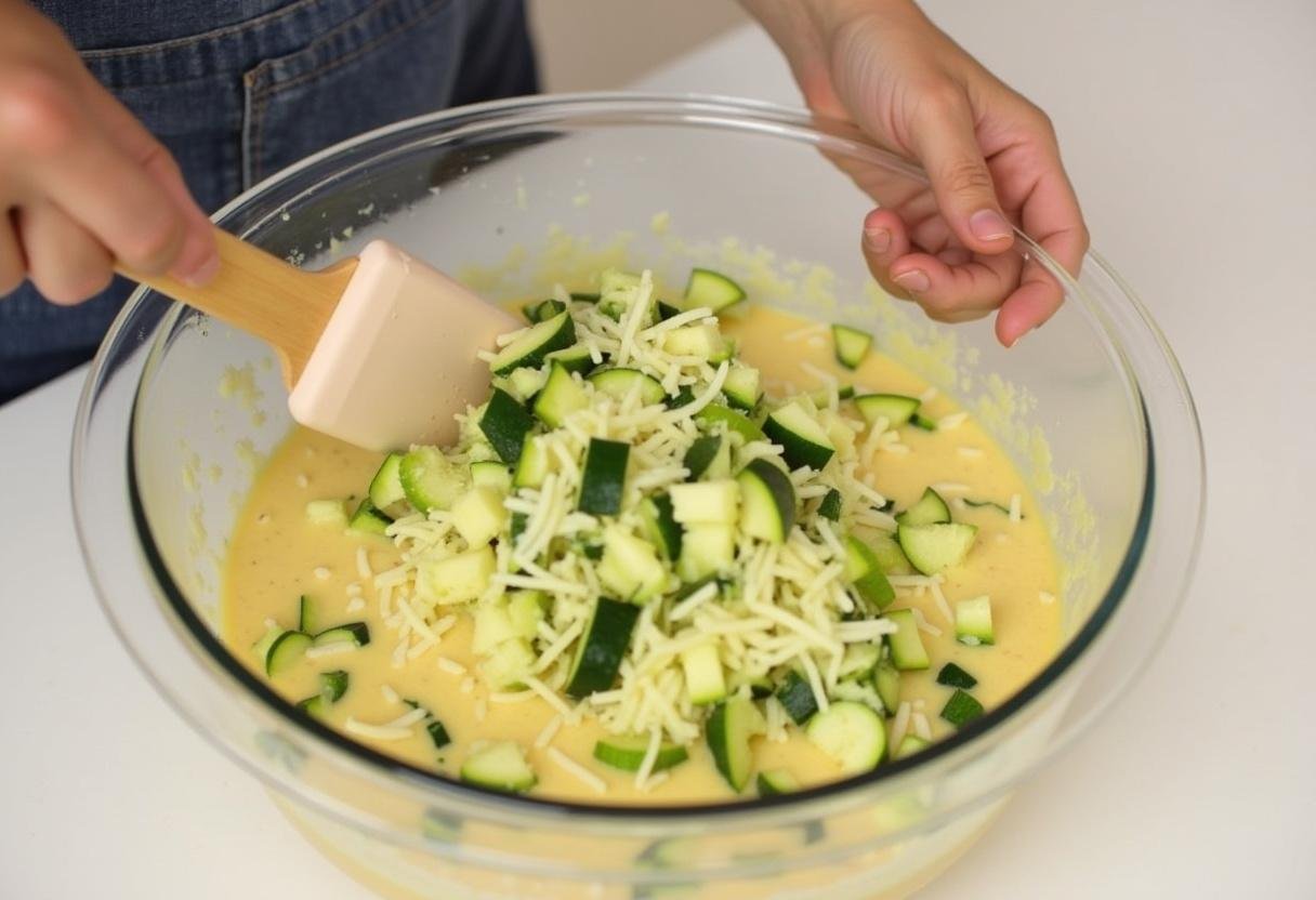 Incorporation de la courgette et du fromage dans la pâte pour le Cake Courgette Chèvre Menthe ou Basilic.