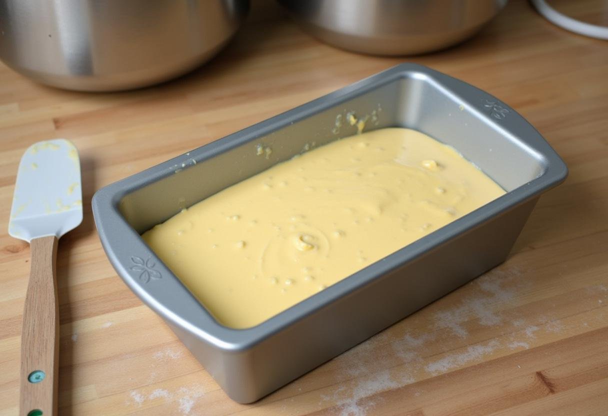 Versement de la pâte à cake dans un moule pour le Cake Courgette Chèvre Menthe ou Basilic.