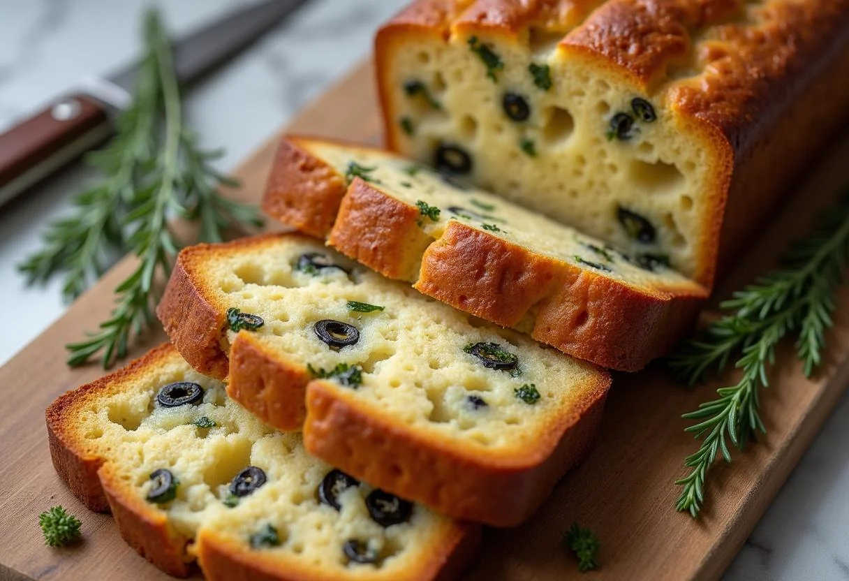 Tranches de Cake Lardons Olives Vertes ou Noires, savoureuses et prĂȘtes Ă ĂȘtre servies.