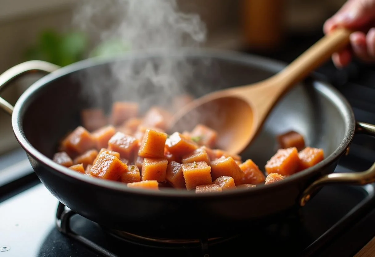 Lardons dorĂ©s Ă la poĂȘle pour le Cake Lardons Olives Vertes ou Noires.