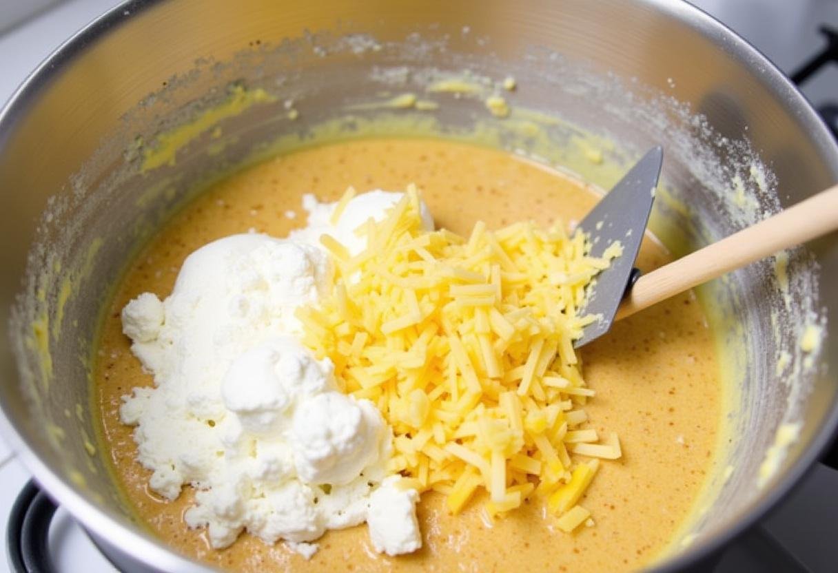 Batter for Cake Moelleux au Citron et Fromage Frais, blending creamy cheese with dry ingredients in a mixing bowl.