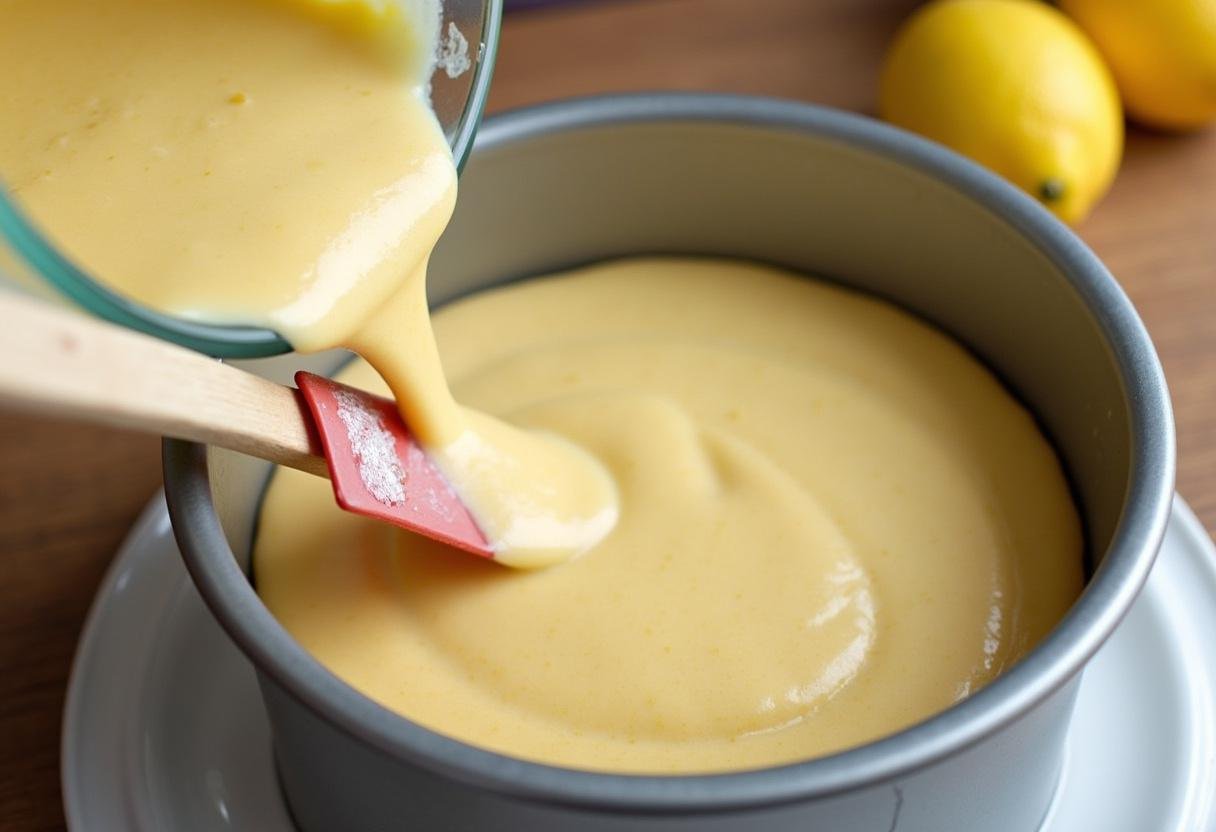 Batter for Cake Moelleux au Citron et Fromage Frais being poured into a cake pan, ready for the oven.