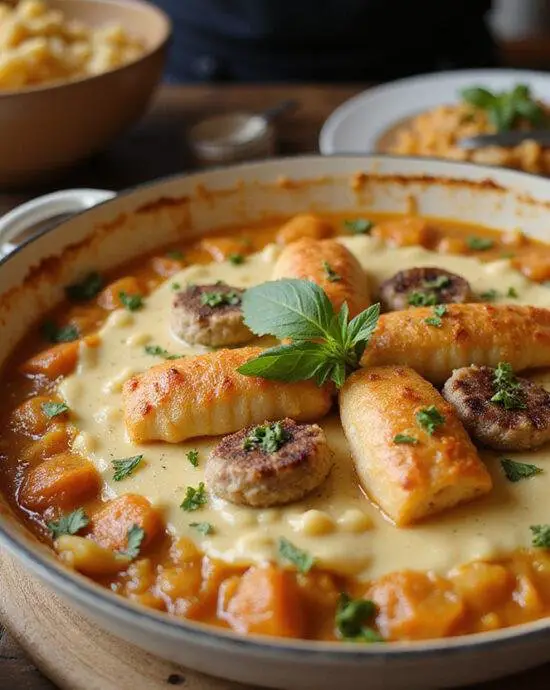 Golden-brown Casserole de Nouilles au Bœuf et à la Crème Sure ready to serve, showcasing a creamy and hearty dish.