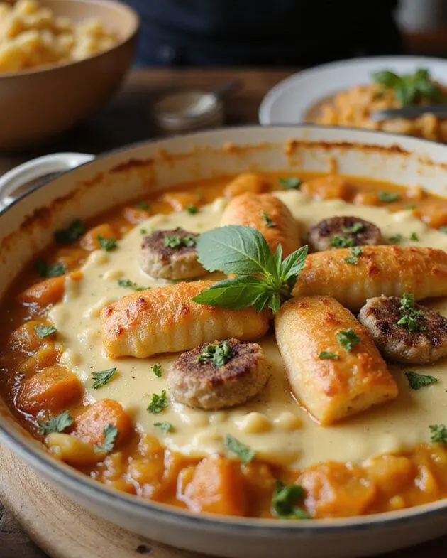 Golden-brown Casserole de Nouilles au Bœuf et à la Crème Sure ready to serve, showcasing a creamy and hearty dish.