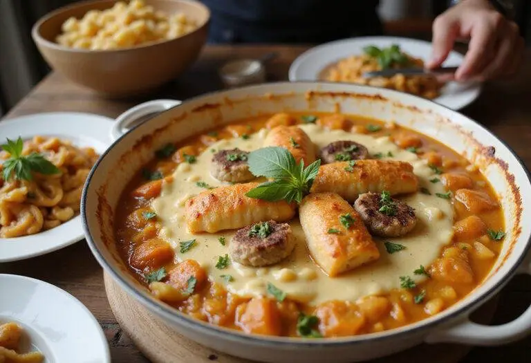 Golden-brown Casserole de Nouilles au Bœuf et à la Crème Sure ready to serve, showcasing a creamy and hearty dish.