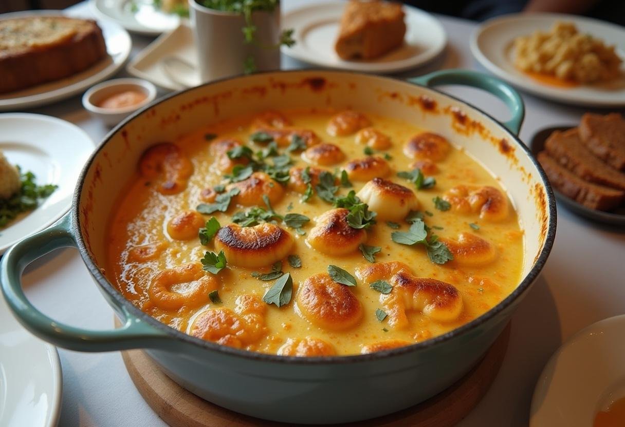 Golden-brown Casserole de Nouilles au Bœuf et à la Crème Sure ready to serve, showcasing a creamy and hearty dish.
