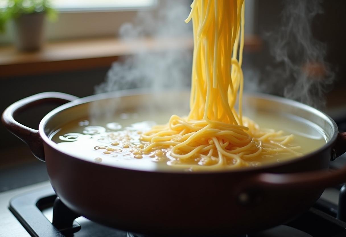 Pasta cooking in boiling water for Casserole de Nouilles au Bœuf et à la Crème Sure.