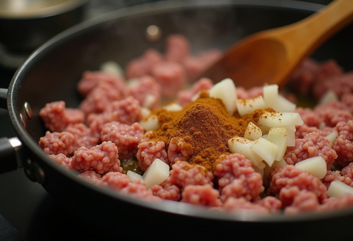 Browning ground beef and onions for Casserole de Nouilles au Bœuf et à la Crème Sure.