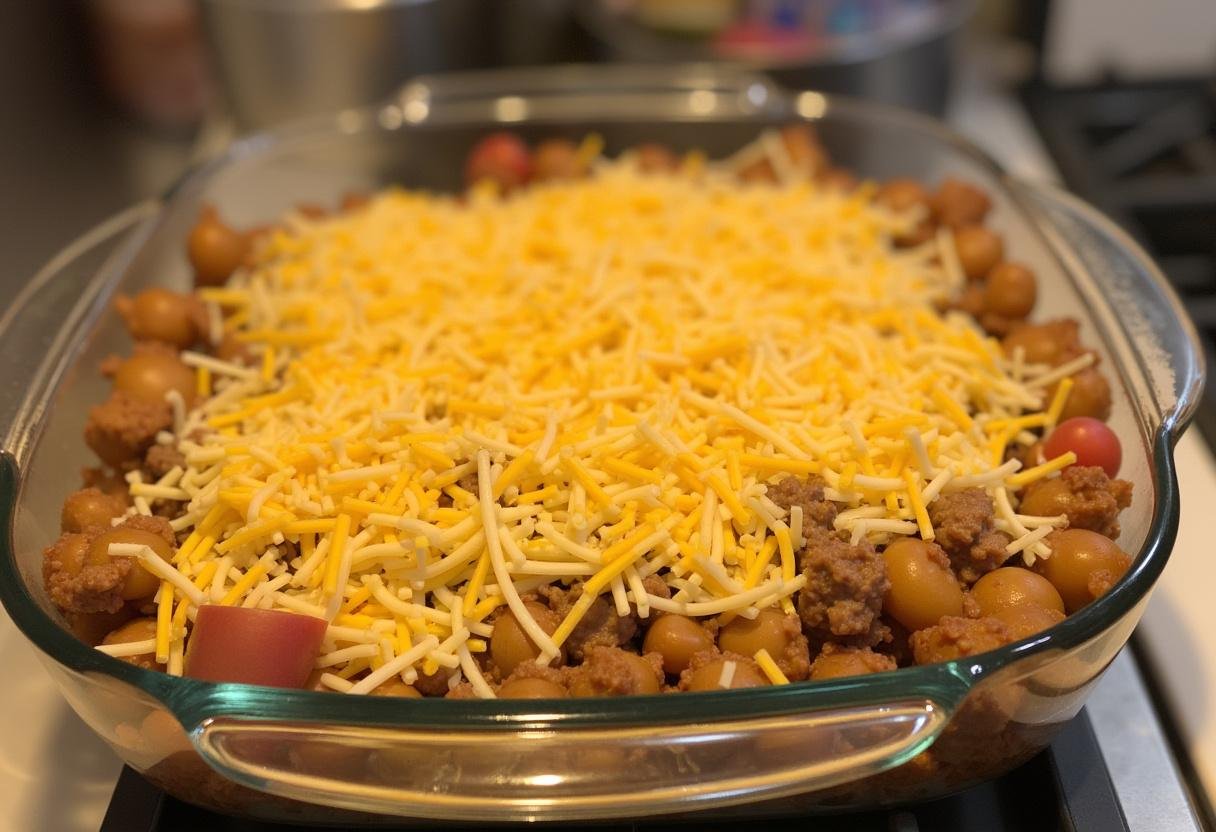Filling a casserole dish with noodle and beef mixture topped with cheese for baking.