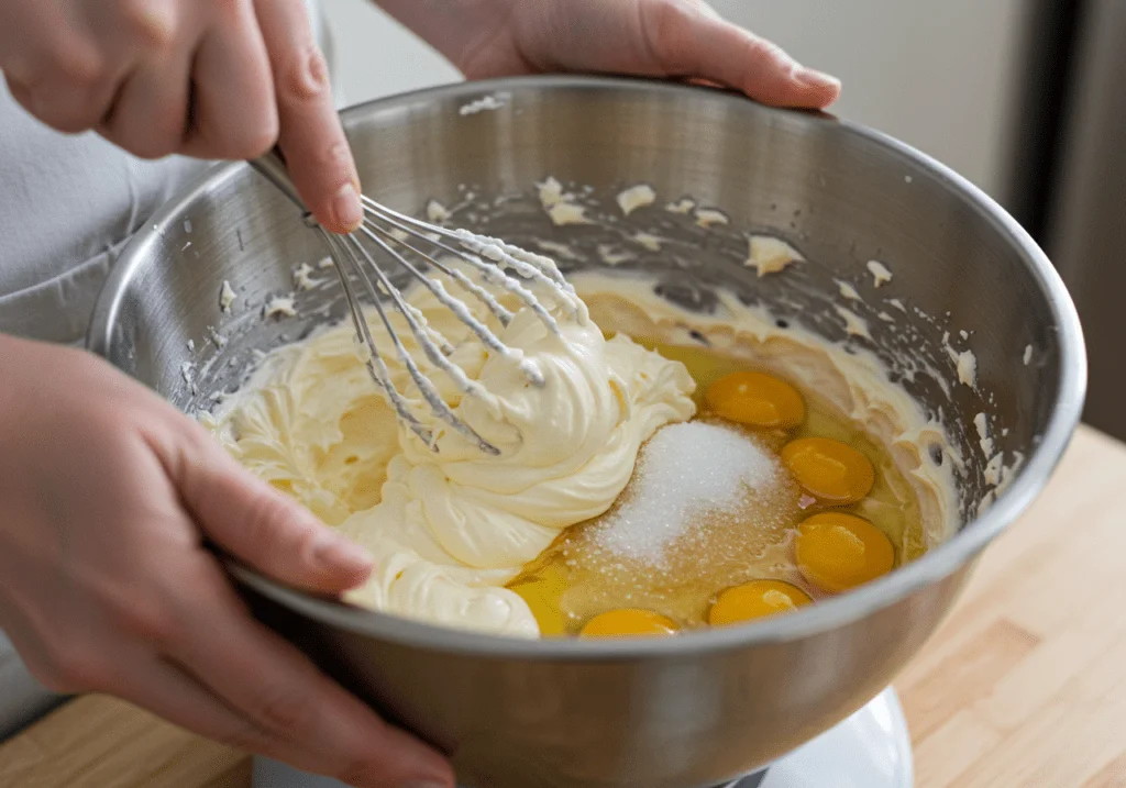 Crème au mascarpone fouettée avec des œufs et du sucre pour une texture riche et onctueuse.