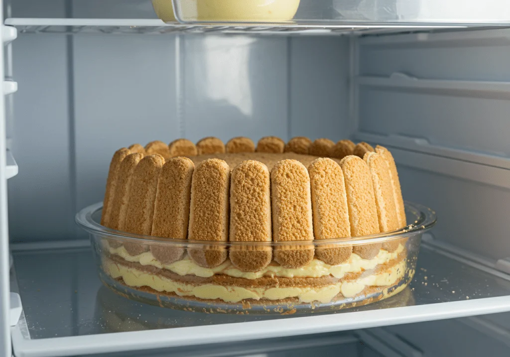 Charlotte au tiramisu reposant au réfrigérateur avant d’être démoulée.