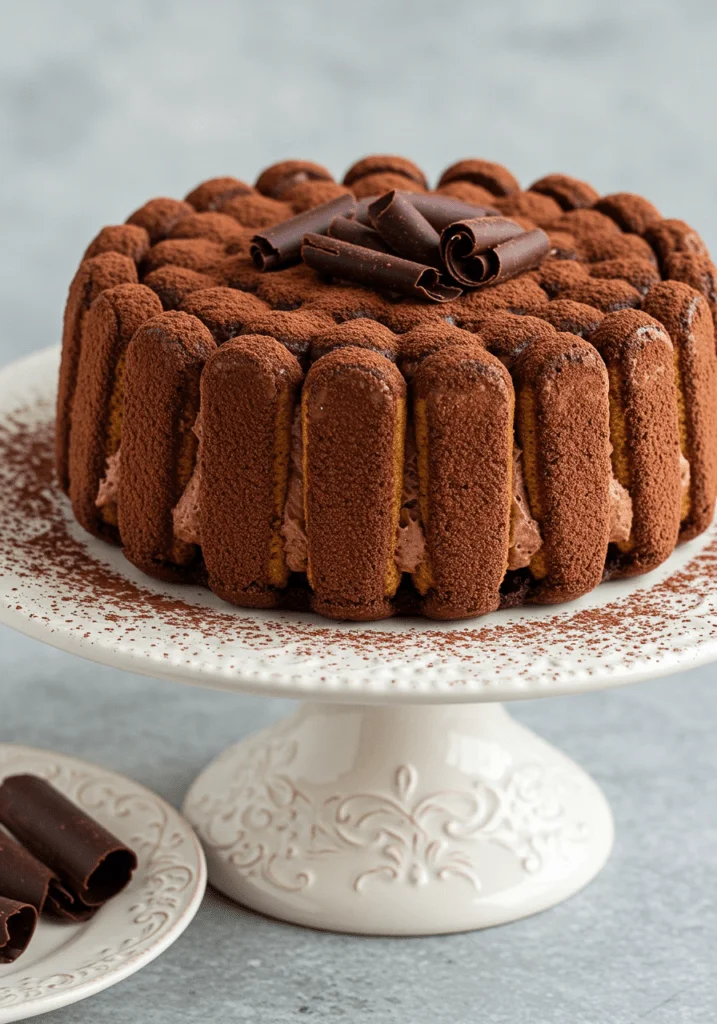 Charlotte moelleuse au chocolat et amaretto servie élégamment avec cacao et copeaux de chocolat