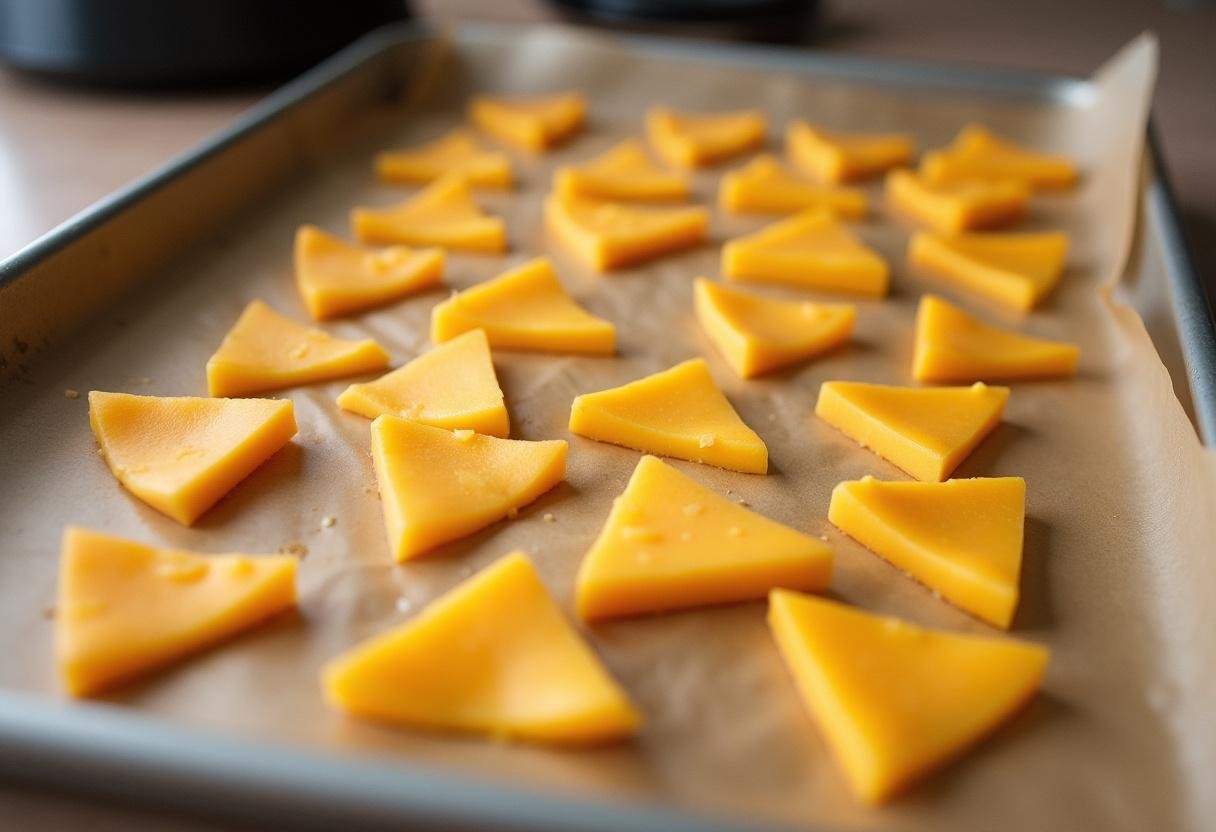 Plaque de cuisson remplie de chips de fromage coupées, prêtes à être cuites pour les Chips de Fromage Blanc.