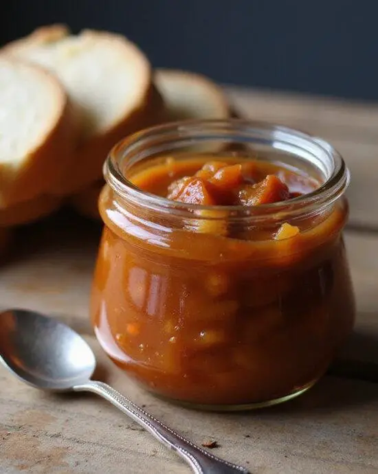 Finished Chutney d'Oignons Caramélisés in a jar, perfect for serving with bread.