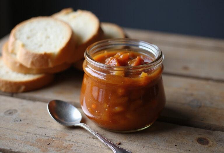 Finished Chutney d'Oignons Caramélisés in a jar, perfect for serving with bread.