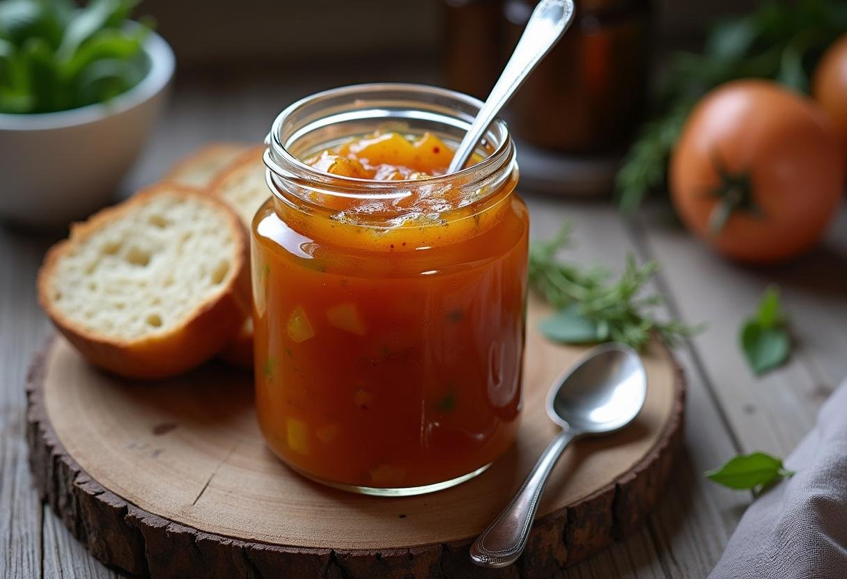 Finished Chutney d'Oignons Caramélisés in a jar, perfect for serving with bread.