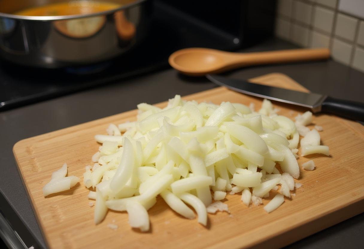Diced onions on a chopping board for preparing Chutney d'Oignons Caramélisés.