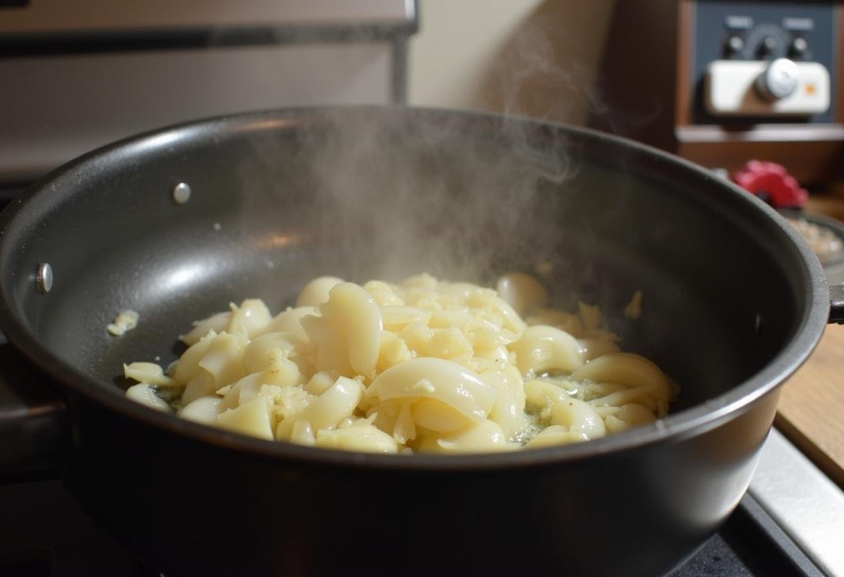 Onions caramelizing in a pot for Chutney d'Oignons Caramélisés recipe.