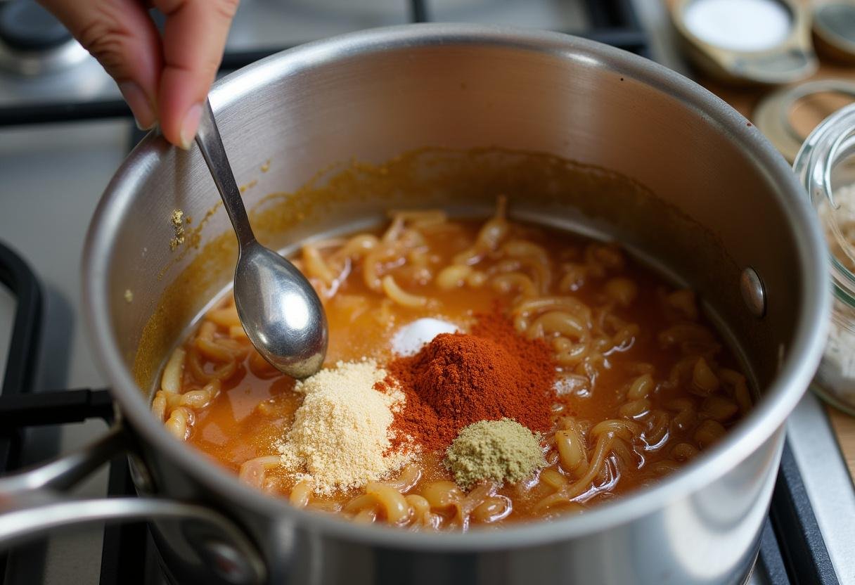 Adding spices and vinegar to caramelized onions for Chutney d'Oignons Caramélisés preparation.