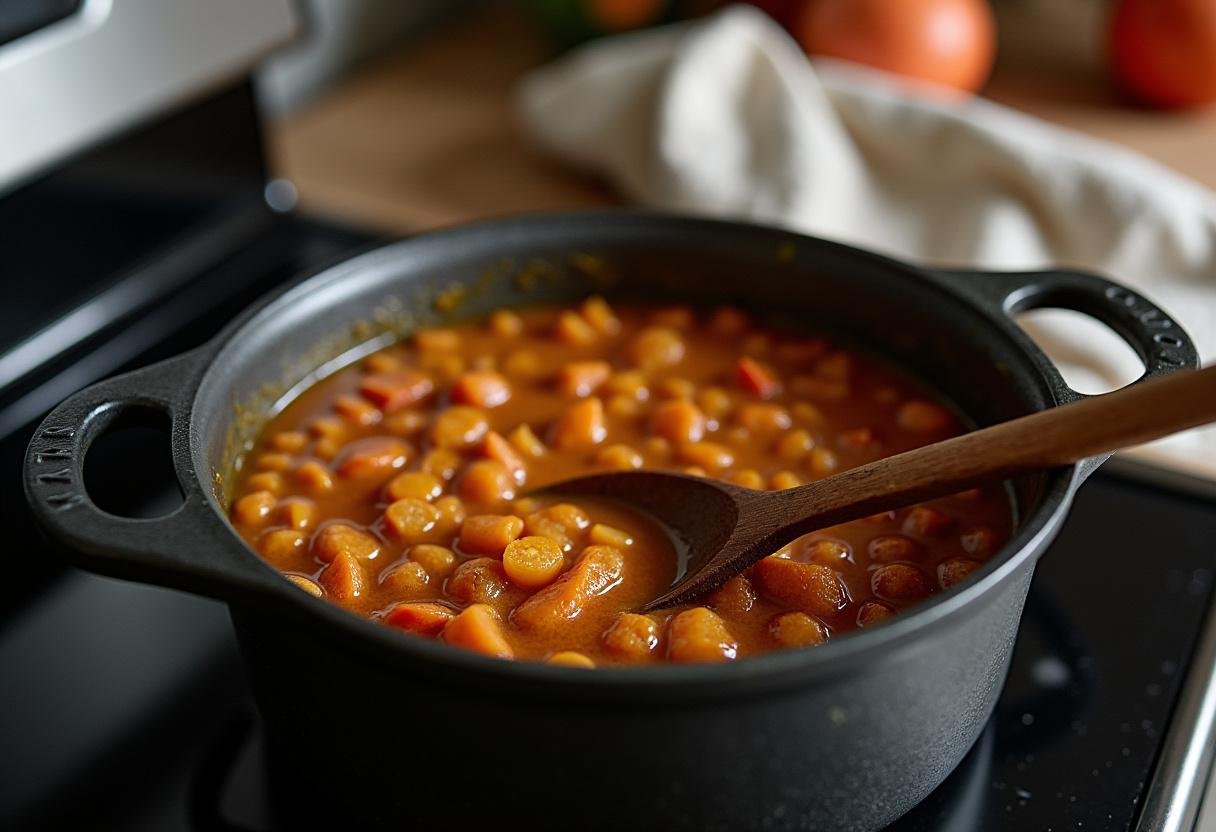 Chutney d'Oignons Caramélisés simmering on the stove, ready for jar filling.