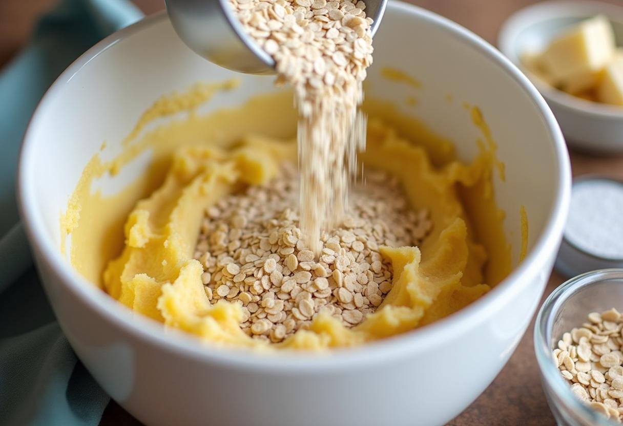 Oats being mixed with mashed bananas to create a healthy cookie dough without sugar.