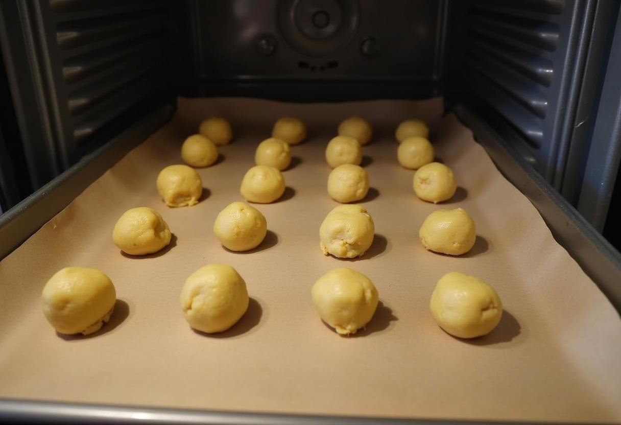 Cookie sheet with prepped banana cookie dough balls awaiting baking in the oven.
