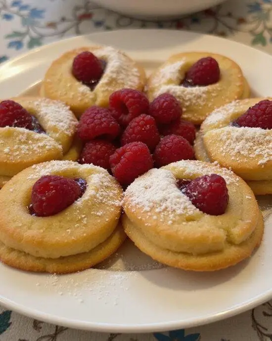 Finished Cookies Citron Framboise beautifully presented with raspberries and powdered sugar.