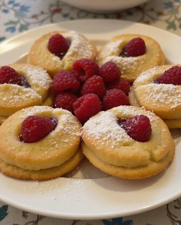 Finished Cookies Citron Framboise beautifully presented with raspberries and powdered sugar.