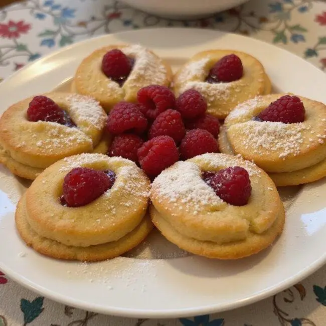 Finished Cookies Citron Framboise beautifully presented with raspberries and powdered sugar.