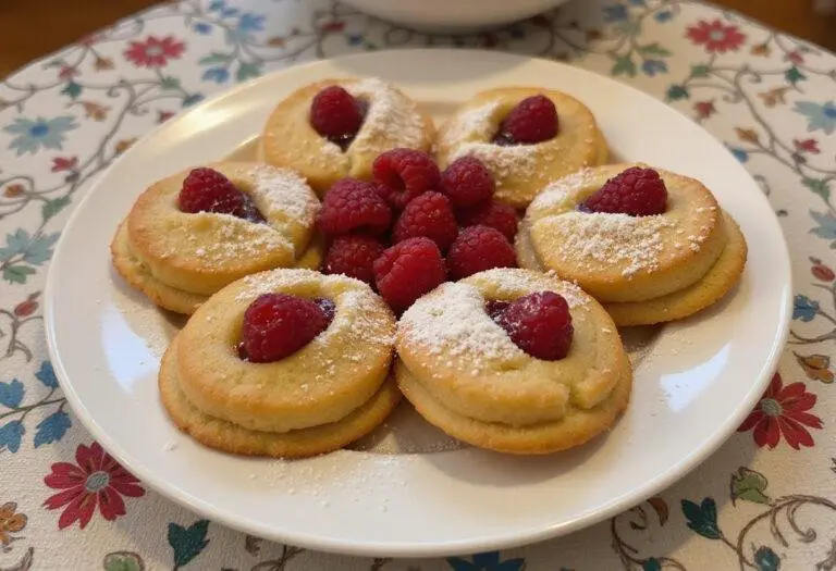 Finished Cookies Citron Framboise beautifully presented with raspberries and powdered sugar.