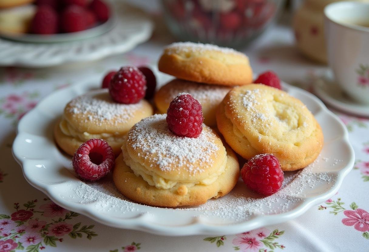 Finished Cookies Citron Framboise beautifully presented with raspberries and powdered sugar.