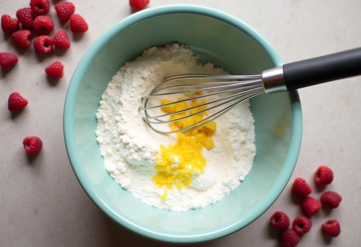 Ingredients for Cookies Citron Framboise including flour, sugar, lemon zest, and fresh raspberries.