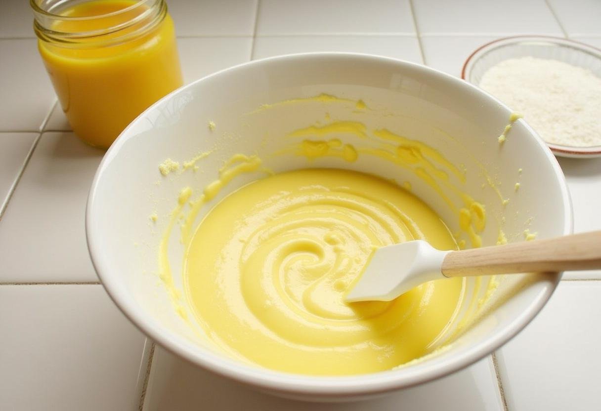 Creaming butter and sugar for Cookies Citron Framboise with lemon curd on the side.