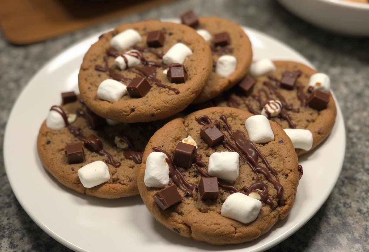 Cookies Rocky Road de Levain Bakery présentés sur une assiette, avec du chocolat fondu et des guimauves prêts à être dégustés.
