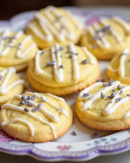Beautifully decorated Lemon Lavender Cookies Sablés with icing and lavender garnish, perfect for serving.